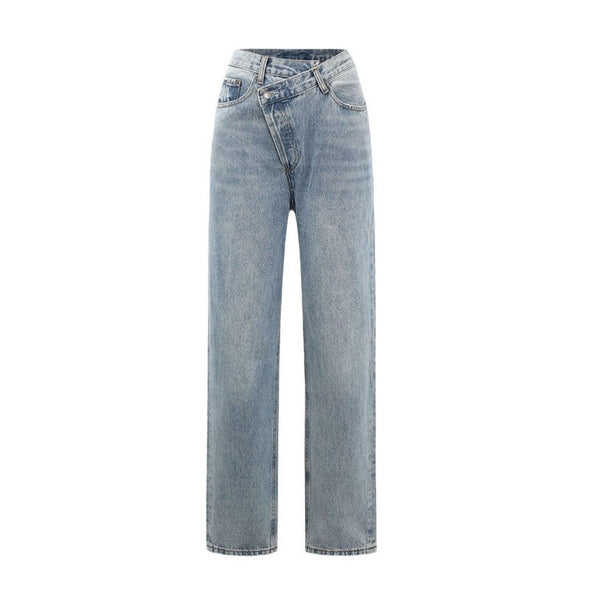 Waist Straight Irregular Oblique Breasted Denim Trousers