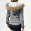 American Vintage Letter Print Fur Collar Hooded Zipper Sweatshirt