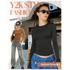 Ladies' Basic Long Sleeve Round Neck T-Shirt, Slim Fit, 2024 Autumn Y2K Style Crop Top, Cute Tight-Fitting Shirt