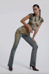 Canvas Thick Belt Decorative Low Waist Leg Trimming Denim Trousers For Women